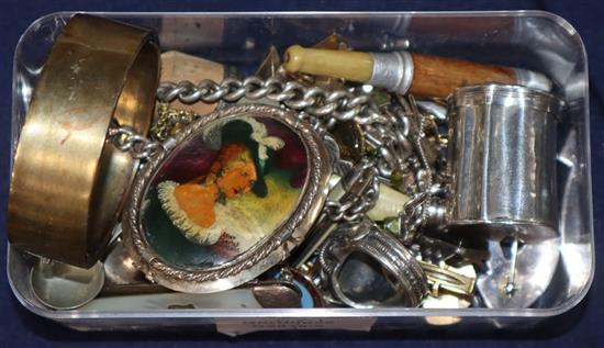 A 19th century continental white metal pill box and group of assorted jewellery including silver albert etc.